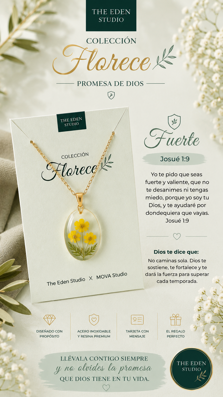 Collar Fuerte de la colección Florece con flores amarillas prensadas en resina y tarjeta verde suave