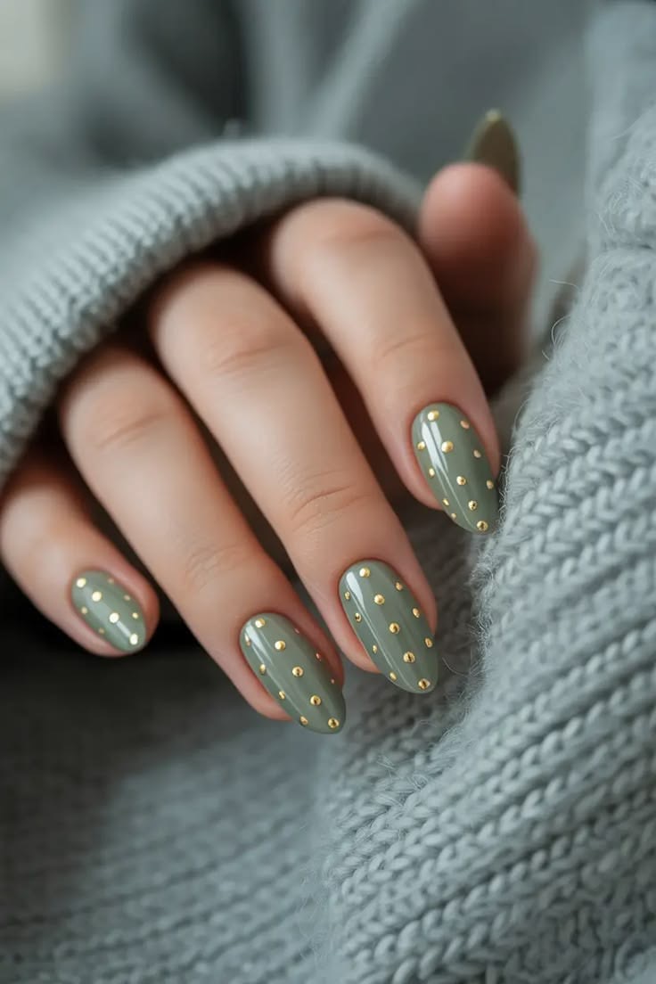 Uñas verde salvia con puntos dorados