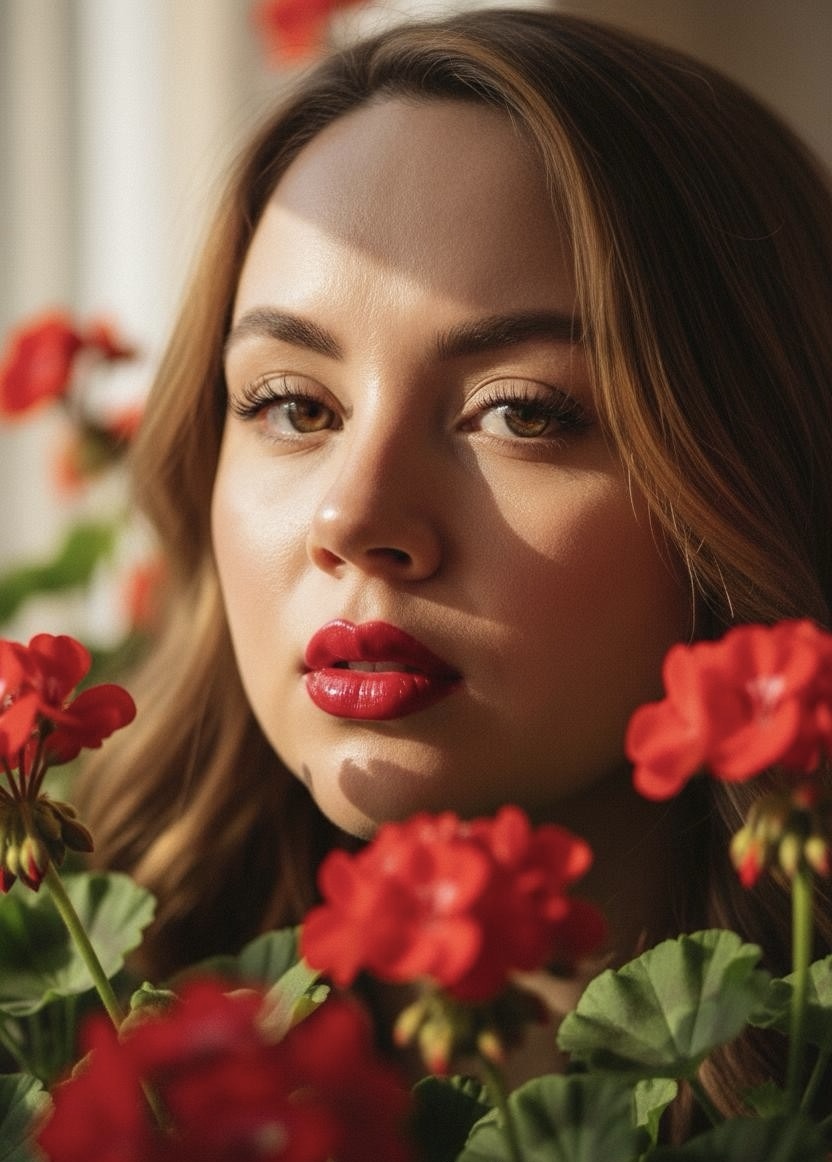 Retrato editorial de Rubí entre flores rojas, esencia de The Eden Studio