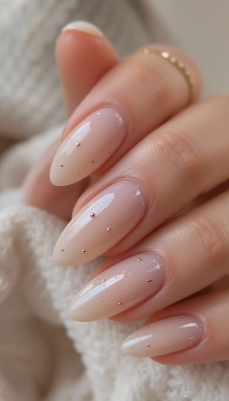 Uñas almendra nude con detalles dorados